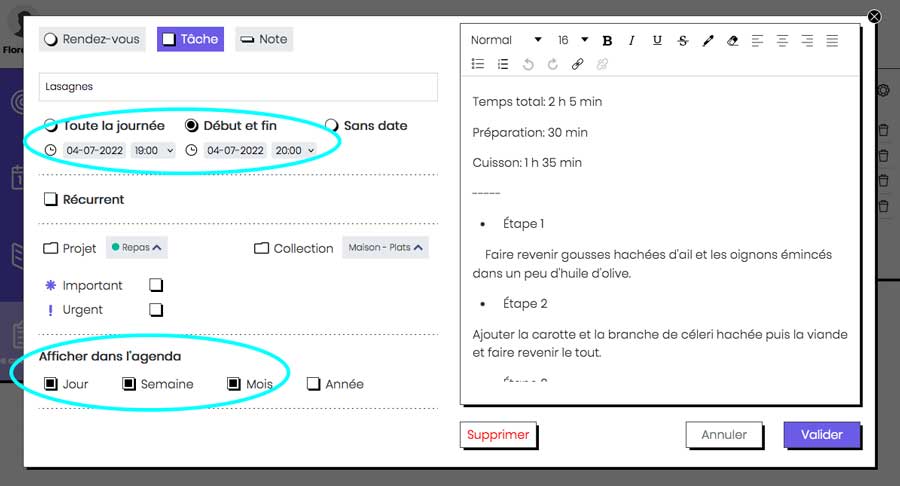 Planning repas semaine Bullet journal en ligne -Date plats